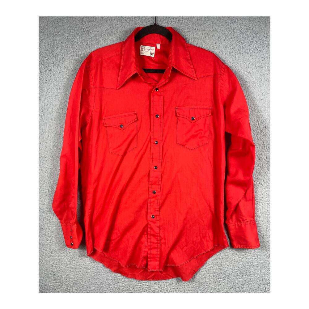 Wrangler Vintage Mens Red Western Snap Button Shirt Size 18 1/2 - 34 Long Tails